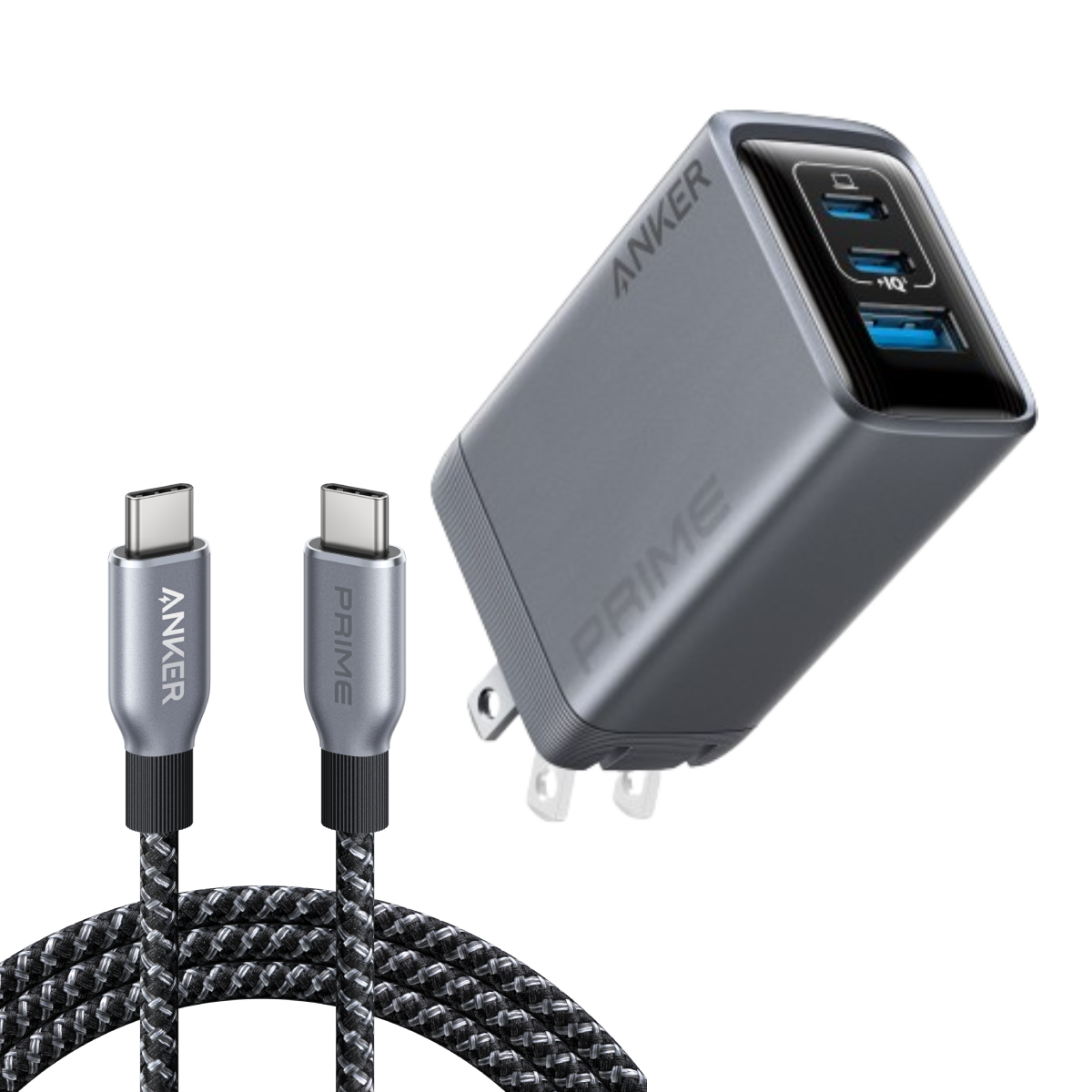 Prime Charger (100W, 3 Ports, GaN) and Prime USB-C to USB-C Cable (240W, Upcycled-Braided) L1