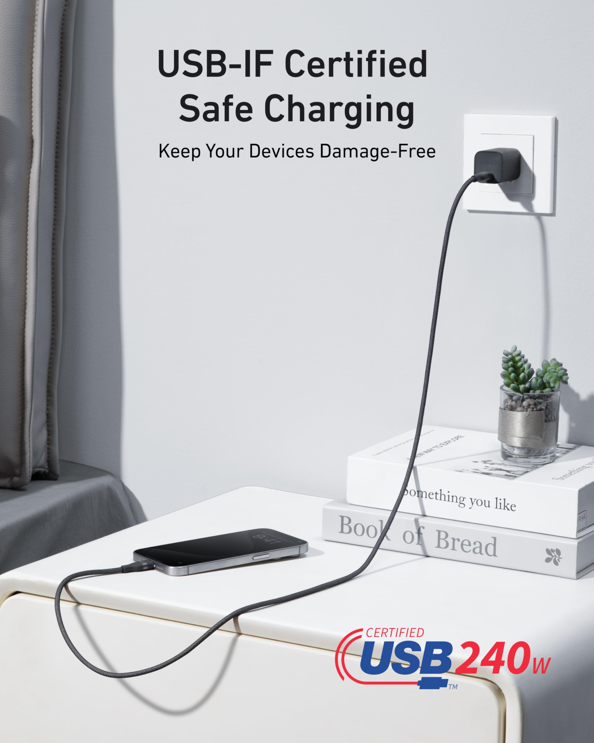 Prime Charger (100W, 3 Ports, GaN) and USB-C to USB-C Cable (3 ft / 6 ft, 240W, Upcycled-Braided) T7