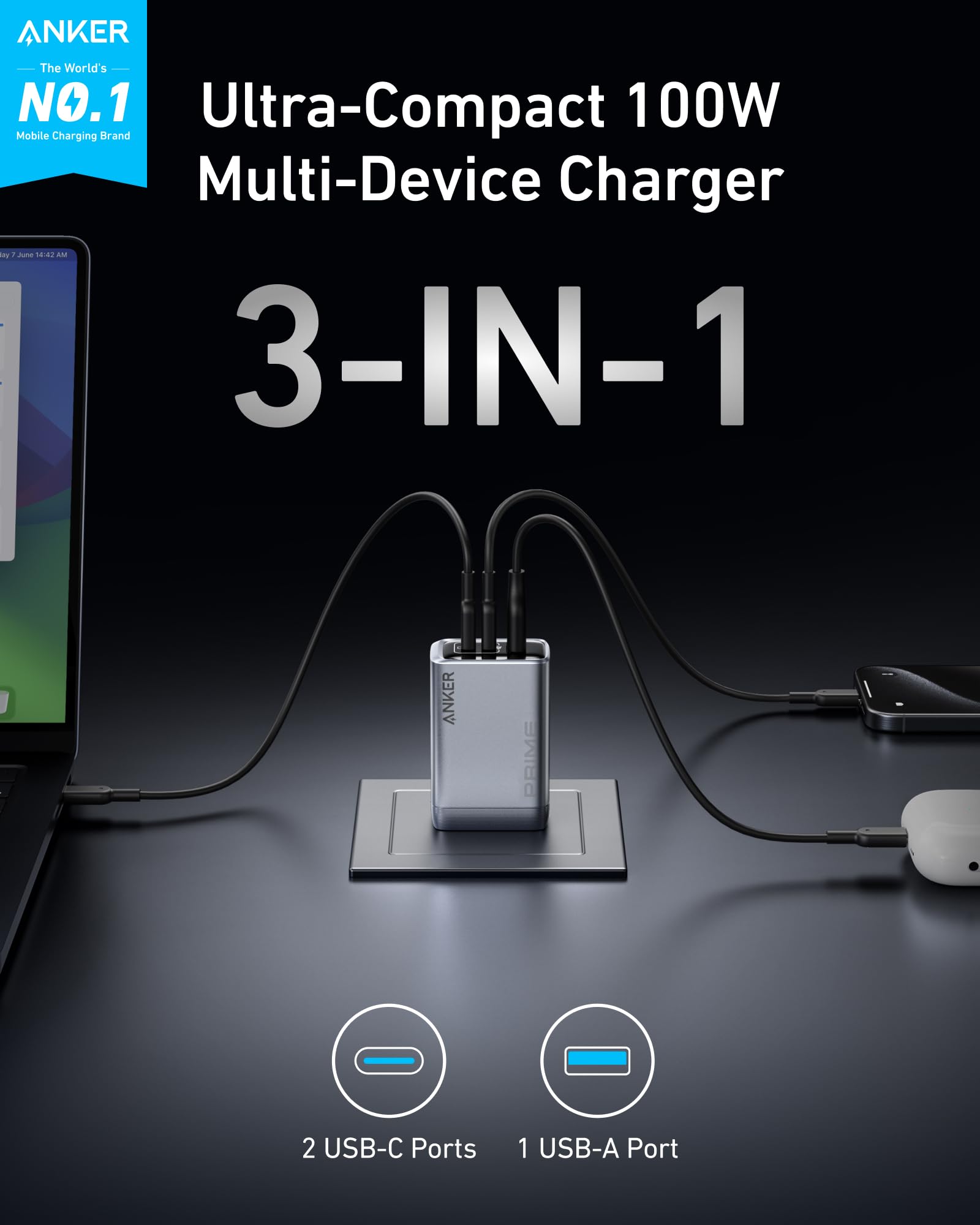 Prime Charger (100W, 3 Ports, GaN) and USB-C to USB-C Cable (3 ft / 6 ft, 240W, Upcycled-Braided) T7