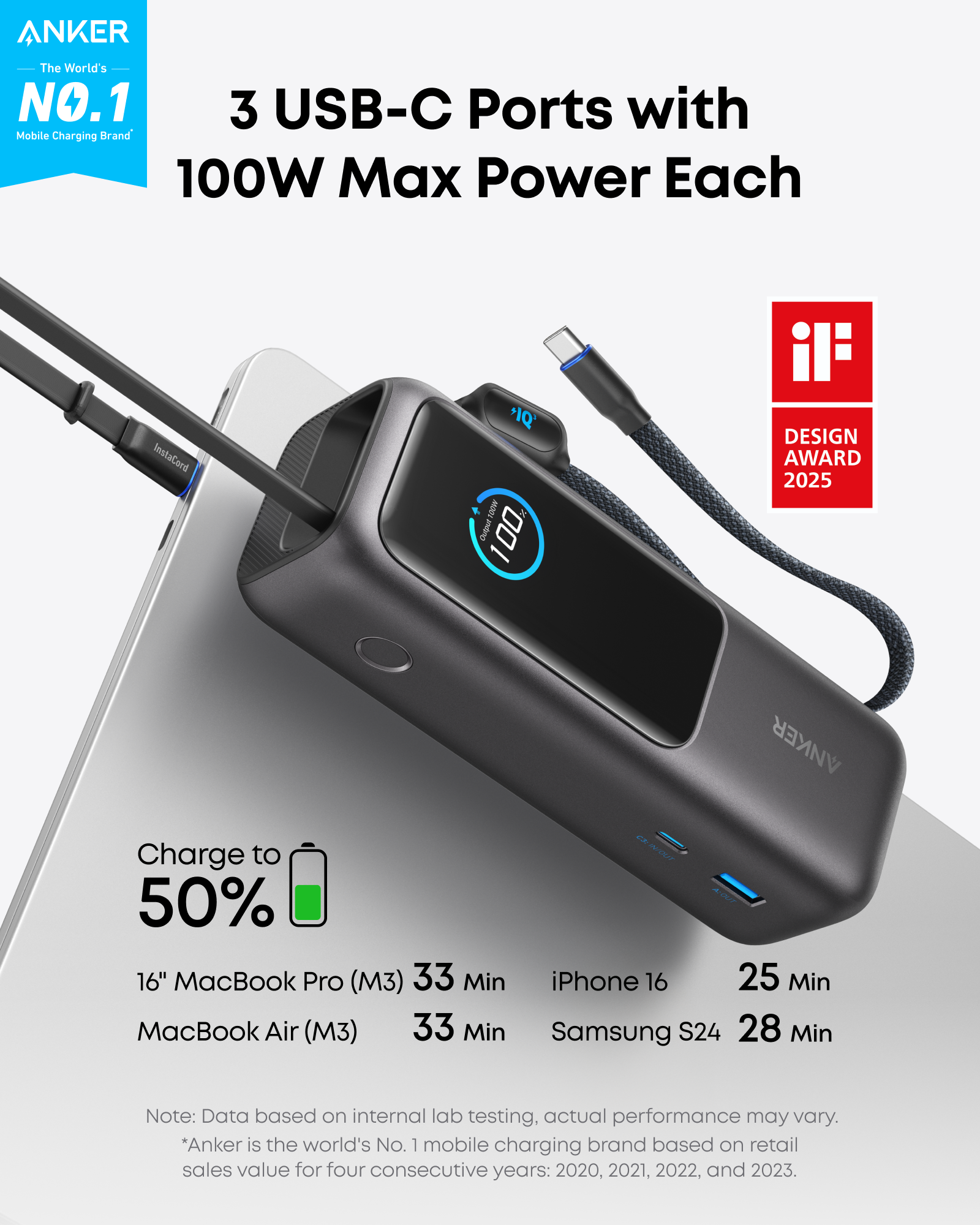 Laptop Power Bank (25K, 165W, Built-In and Retractable Cables) and USB-C to USB-C Cable (6 ft, 240W, Upcycled-Braided) C2