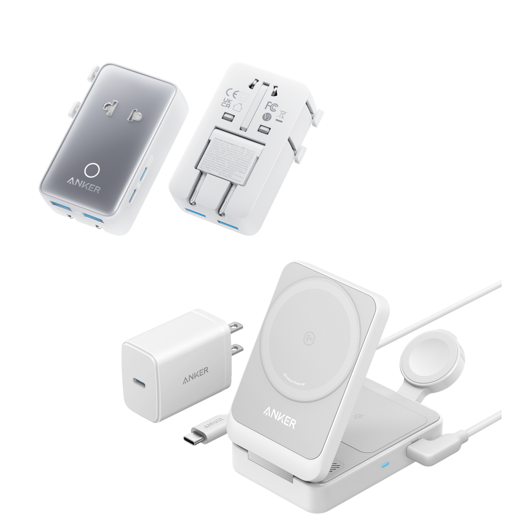 MagGo Wireless Charging Station (Foldable 3-in-1) and Nano Travel Adapter (5-in-1, 20W, 1-Pack) I7