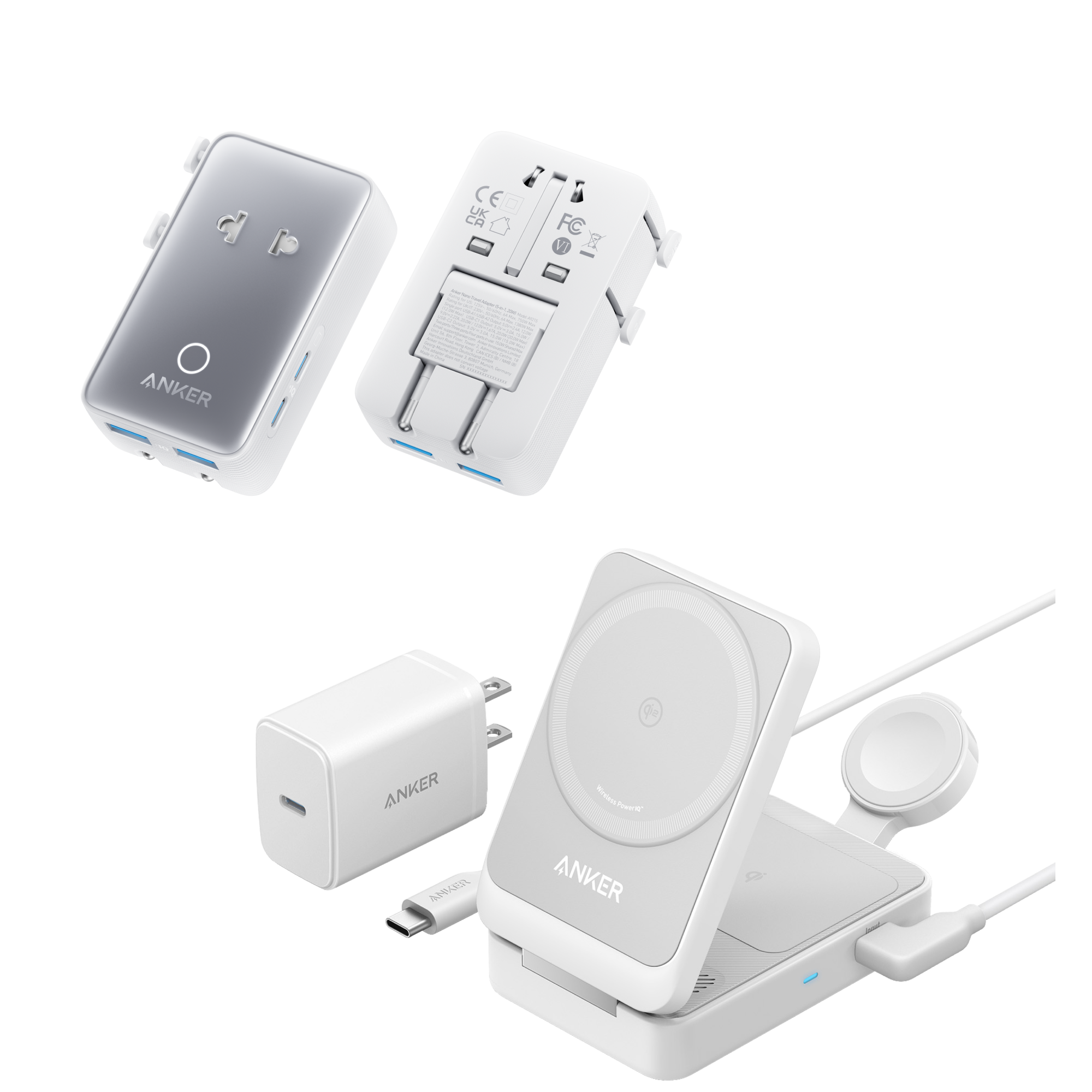 MagGo Wireless Charging Station (Foldable 3-in-1) and Nano Travel Adapter (5-in-1, 20W, 1-Pack) I7